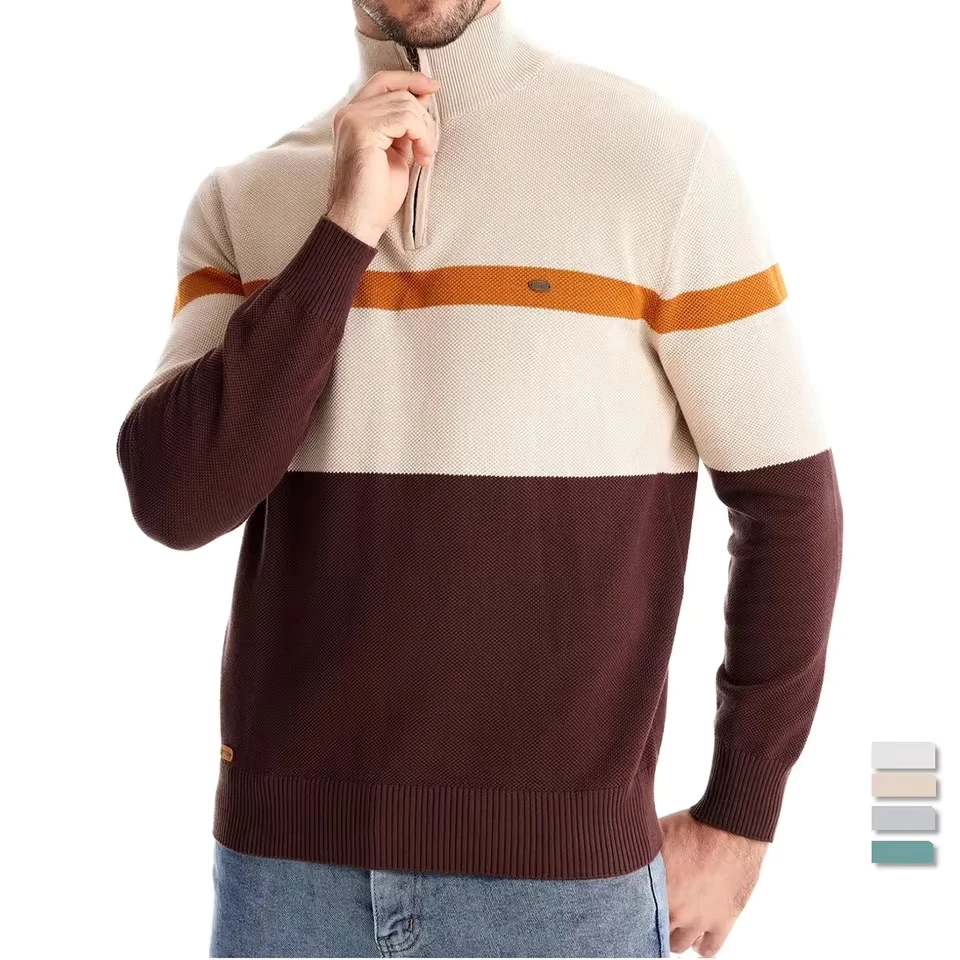 

Men's Autumn and Winter New Half-zip Spell Color Pullover Sweater, Stylish Stand Collar Slim Patchwork Casual Knit Sweater Top