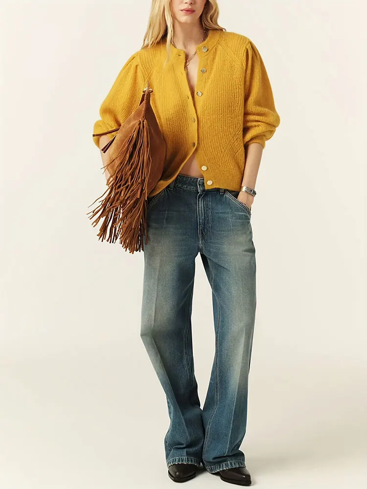 High Quality New Style Gold Button Knitted Cardigan Elegant Fashion Yellow Sweater Young Women All Match Tops Hot Seller Autumn