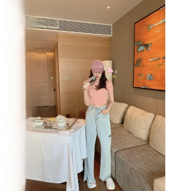 

High Waist Thin Denim Jeans Summer Faion Leg Lengthening Slimming Micro Flared Pants Torn Trendy Women's Premium Jeans