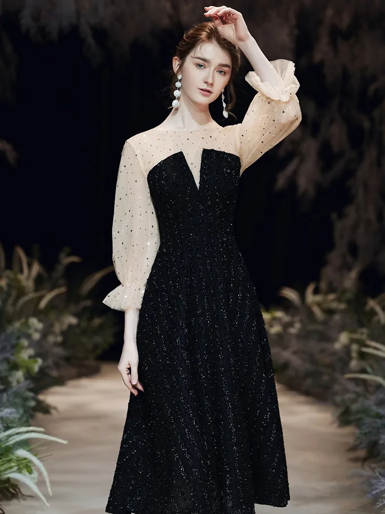 Sparkly Starry Banquet Evening Dresses performance Dress Birthday Party Celebrity Dress lantern Sleeve Vestido Luxo 2024