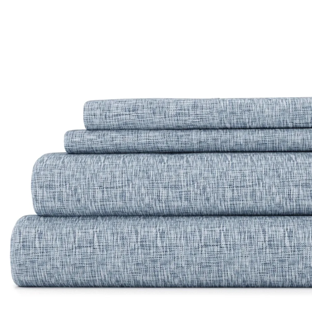 

4 Piece Pattern Microfiber Bed Sheets Set, Light Blue Chambray Style, Queen