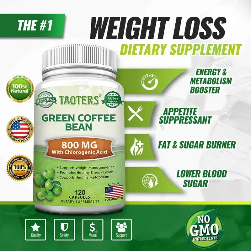 Natural Green Coffee Bean Extract Capsules - Appetite Suppressant and Metabolism Booster Helps Burn Fat, Boosts Focus and Energy