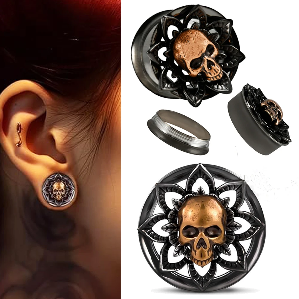 PAIR Lotus Skull Double Flared Ear Tunnel Plugs Expanders Black Plating Ear Gauges Body Piercing Body Jewelry 8MM-25MM