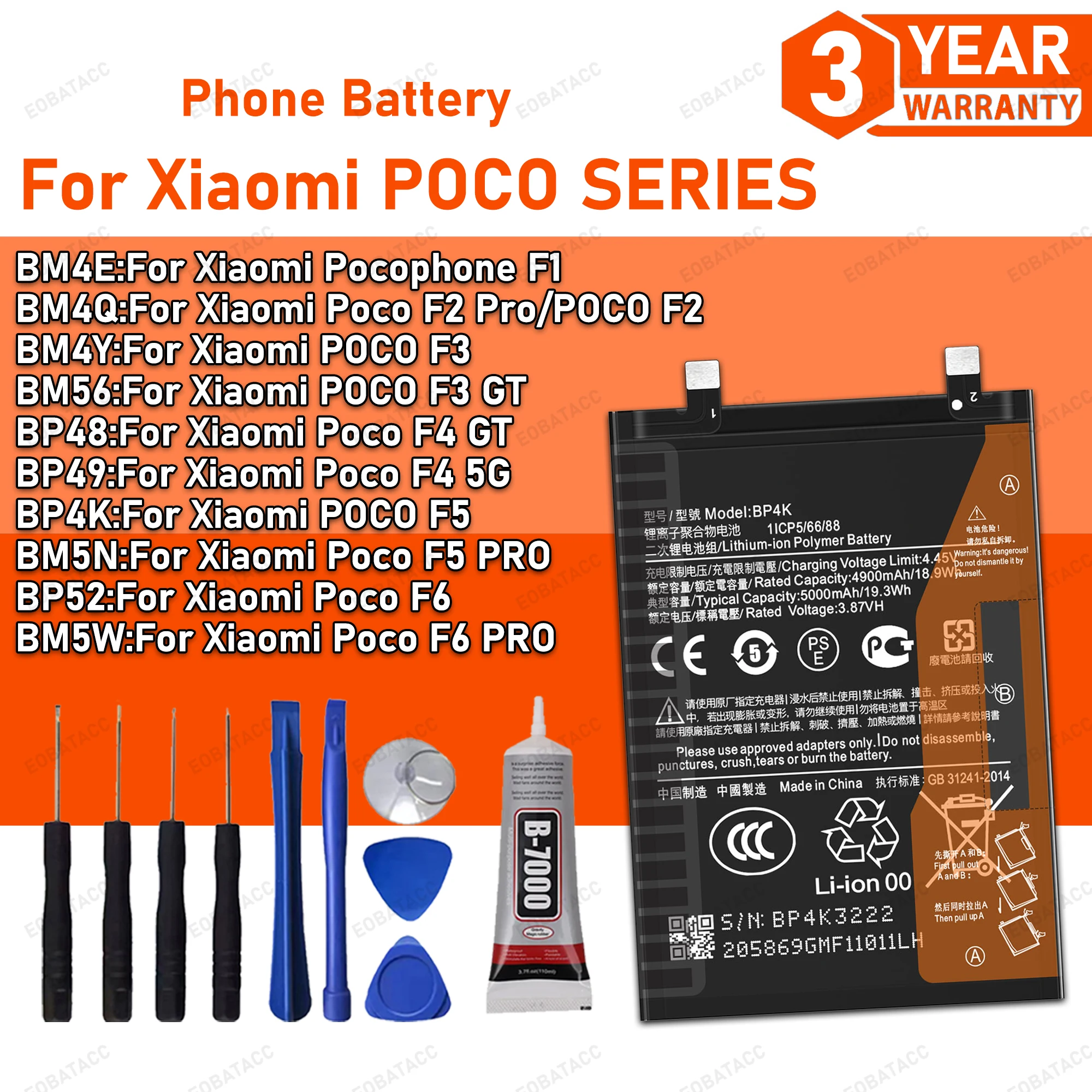 

100% New Zero Cycle For Xiaomi Poco F1/F2/F3/F5 PRO/F4 GT/F4 5G/F6 PRO/Poco F5 BP4K BP48 BM5N BM5W Battery Batería+ Free Tools