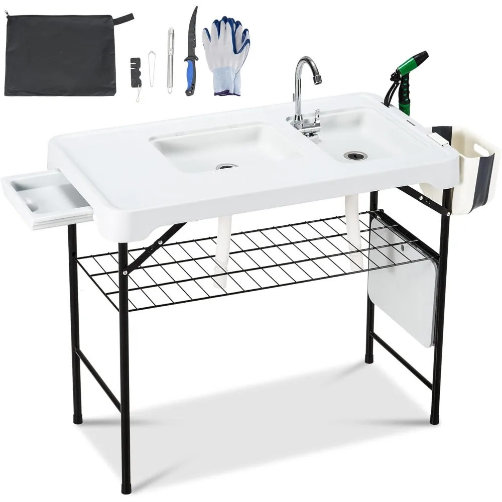 42'' Outdoor Fish Cleaning StationPortable Camping Sink Station with Folding Swivel Faucet, 6-Piece Fish Cleaning Kit