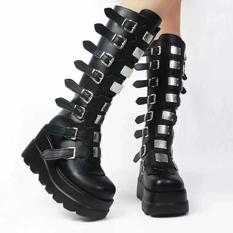 Brand Design Women Gothic Shoes Platform Knee High Boots for Women Punk Black Sexy Motorcycles Boots Halloween Cosplay Boots