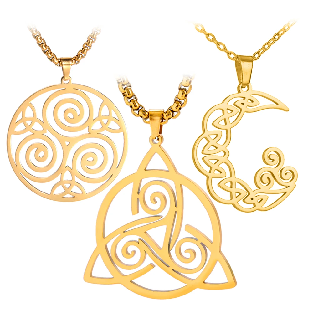 Dawapara Triskele Celtic Symbol Necklace Triskelion Triple Spiral Trinity Knot Crescent Moon Pendant Stainless Steel Jewelry