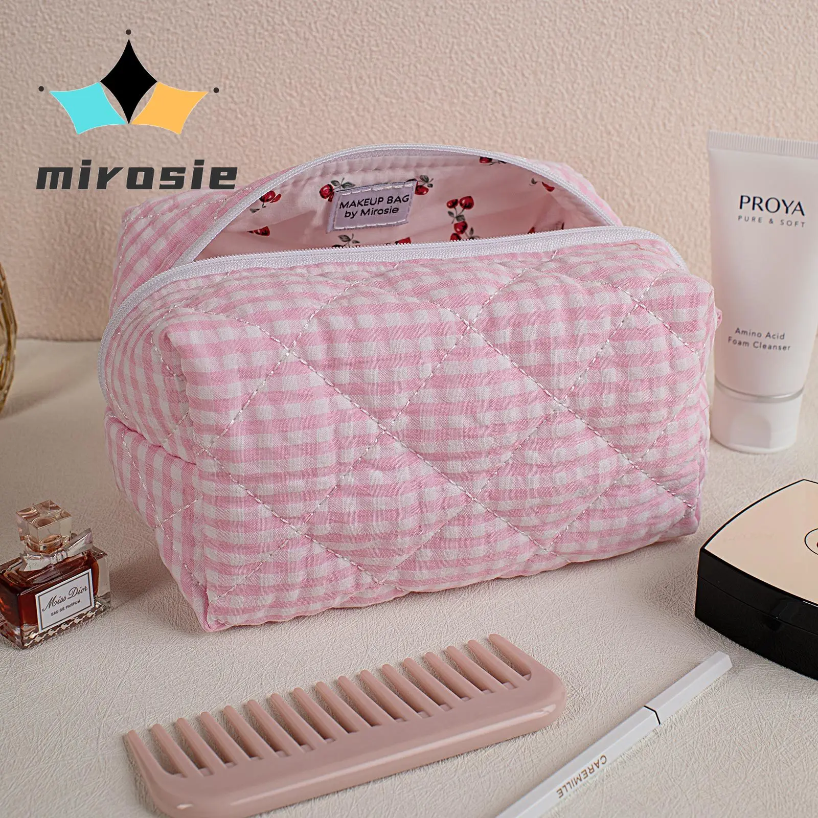 MIROSIE Fashion Checkered Floral Makeup Bag Large Capacity Portable Cosmetic Storage Bag Cotton Quilted Wash Bag Skincare Pouch