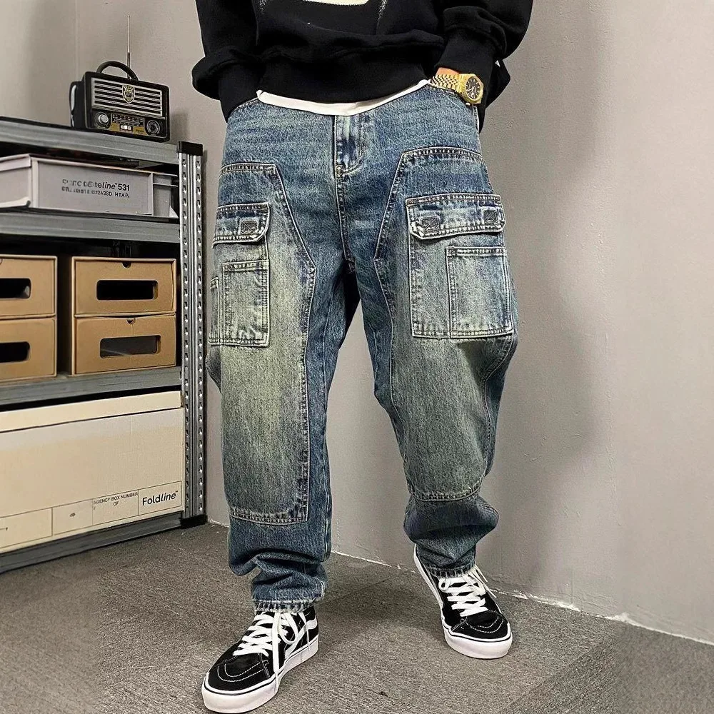 American Casual Washed Vintage Workwear Jeans for Men in Spring and Autumn, High-street Style, Loose-fitting Tapered Pants.