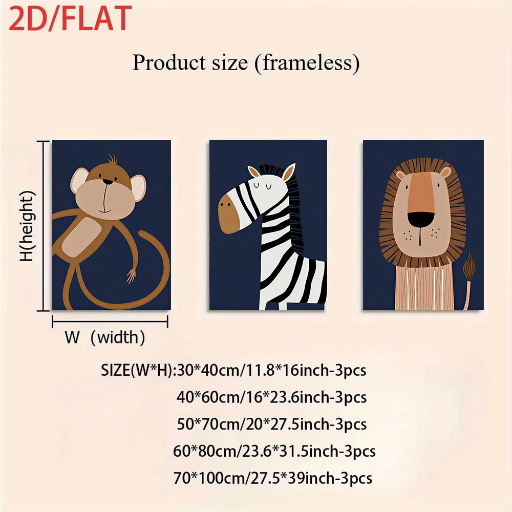 3PCS Large-sized frameless canvas paintings,1 set of cute cartoon animal triptych frameless decorative paintings, modern and sim