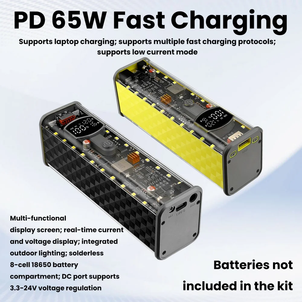 PD 65W Superschnelles Laden, transparentes Powerbank-Gehäuse, lötfreie 8×18650-Batteriebox, DC-spannungseinstellbare DIY-Batteriebox
