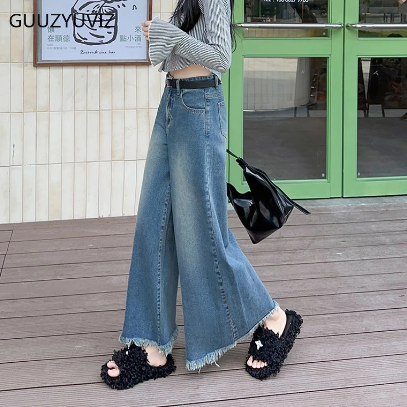 GUUZYUVIZ-Women's Vintage Ankle-Length Denim Pants, Wide Leg Pants, Loose Tassle, Washed Blue Baggy Jeans, Korean Fashion, Y2k