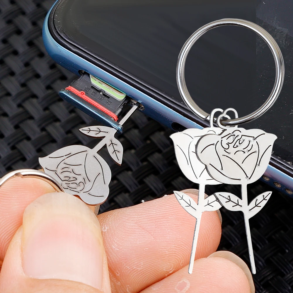 Silver Rose Shape Stainless Steel Needle Smartphone Sim Card Tray Removal Eject Pin Keychain Tool Universal Thimble Accessories