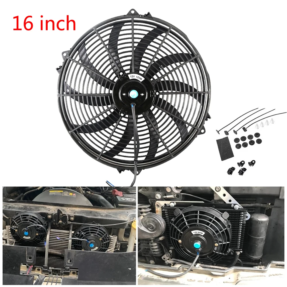 7/9/10/12 Inch Universal 12V 80W Slim Reversible Black Blade Electric Cooling Radiator Auto Fan Mounting Kit