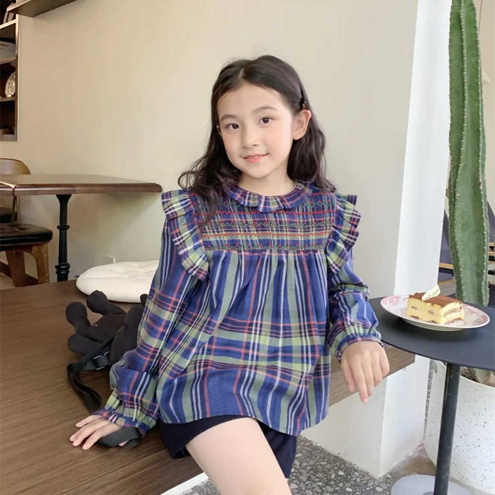 

baby girl clothes kids tops French style checkered pattern girls Blouse Hand embroidered long sleeved blouse