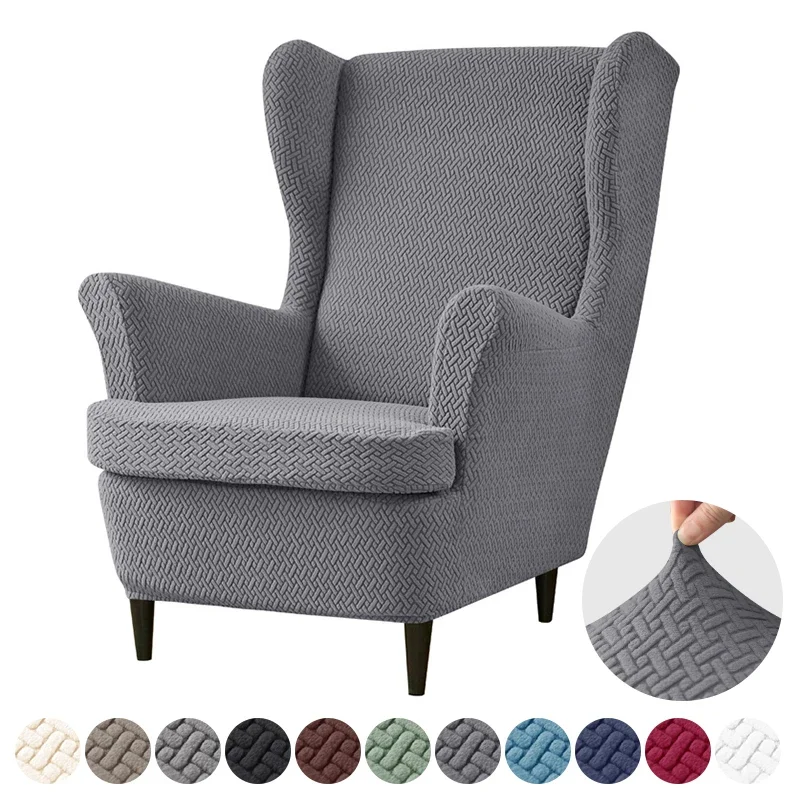 

Elastic Wing Chair Cover Jacquard Solid Color Sofa Covers Home Stretch Spandex Wingback Armchair Slipcovers with Cushion Cover