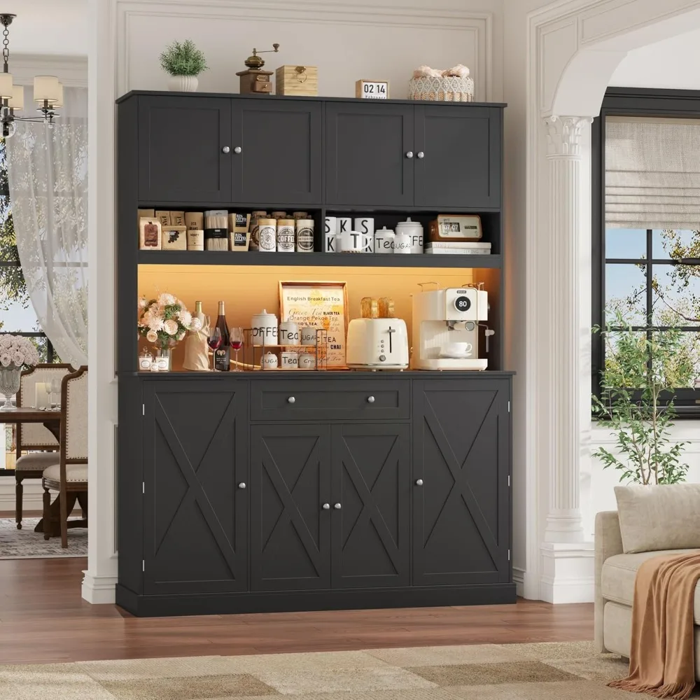 

72.8” LED Kitchen Pantry Cabinet with Charging Station, 55” Wide Pantry Storage Cabinet with Large, Customized