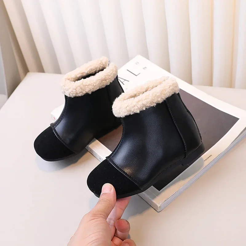 Girls Ankle Boots Fashion Versatile Kids Short Boots Pu Leather Round Toe 2024 Brand New Girls Snow Boots Warm 21-30 Non-Slip