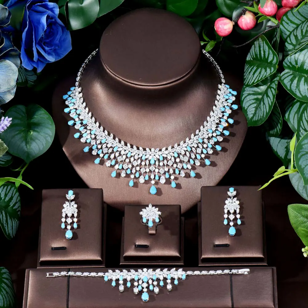 HIBRIDE Hot sale Dubai jewellery women's set bridal party dress sky blue accessories exaggerated necklace earrings pendant S-458 - Image 2