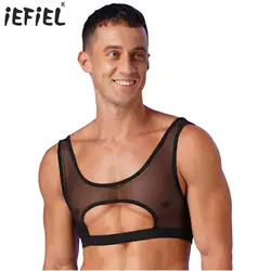 Mens Lingerie See-through Mesh Cutout Crop Top U Neck Sleeveless Sexy Vest Tank TopsClubwear Music Festival Clothings