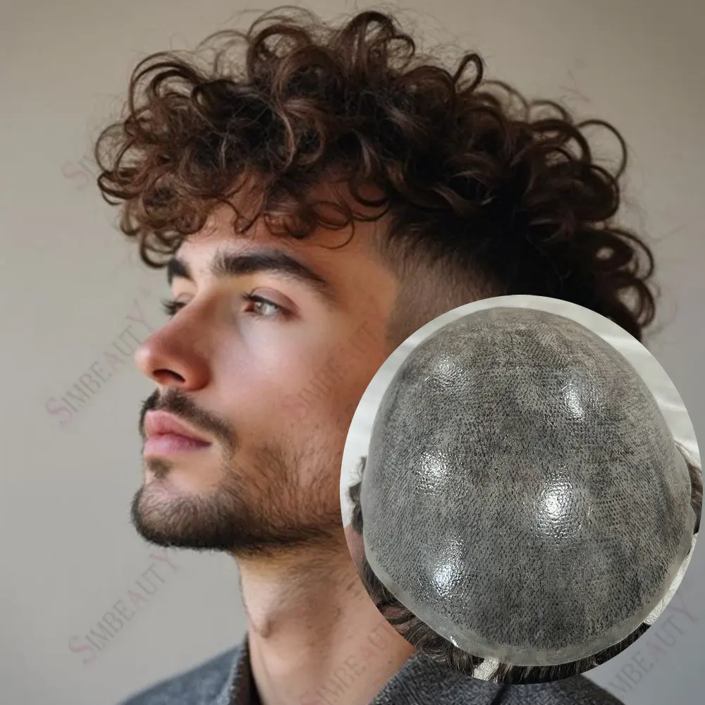 

20 мм вьющиеся прочные полностью искусственная кожа супер мужской парик из 100% человеческих волос парик естественная линия волос серо-черный коричневый протез система для мужчин