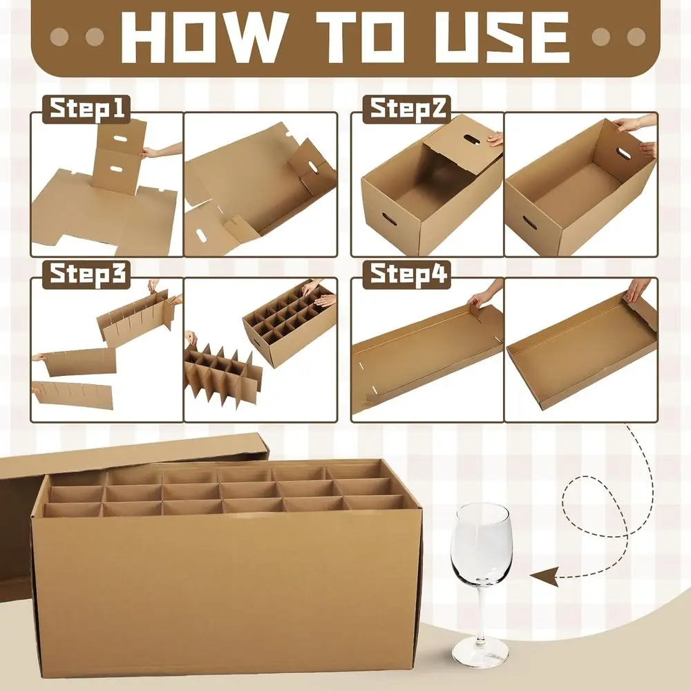 Conjunto de 4 Caixas de Mudança para Cozinha para Copos de Vinho e Pratos com Alça e Tampa, Marrom, 24x12x11 Polegadas