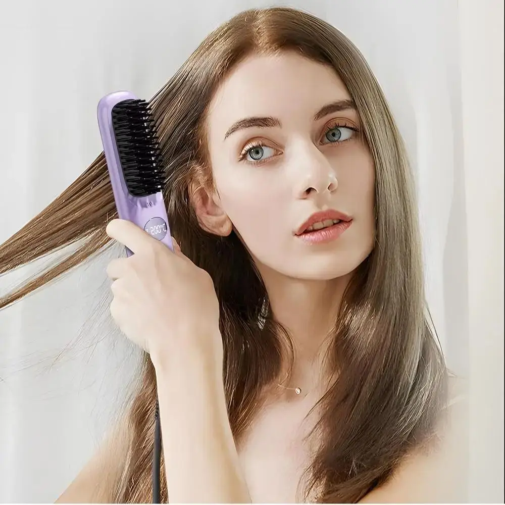 

3 Temperature Settings Electric Hair Straightener Brush Dual-Function Operation Portable Heating Comb Anti-Scald Protection
