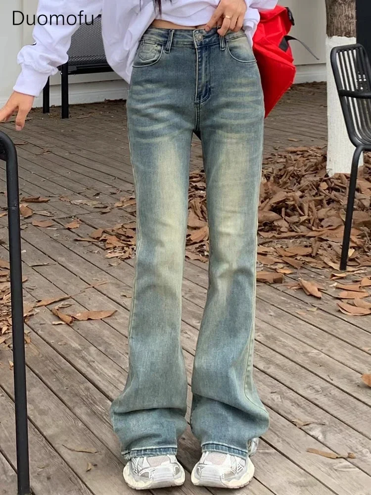 

Duomofu Blue Chicly High Waist Slim Flare Simple Women Jeans Autumn Basic Zipper Button Simple Casual Fashion Loose Female Jeans