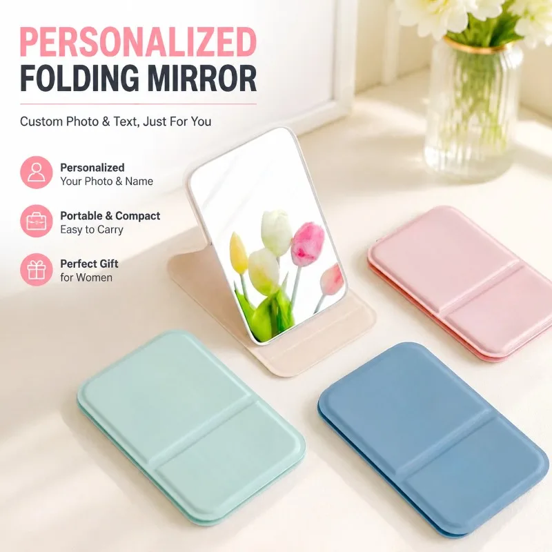 Personalized Custom Small Folding Makeup Mirror, Portable Desktop Standable Mini Mirror , Gift for Women