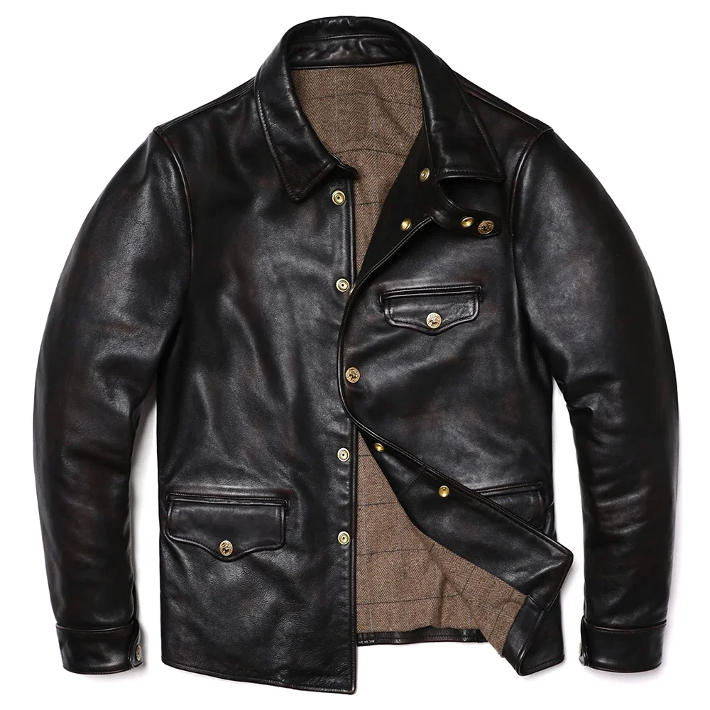 Classical Brakeman Retro Natuarl Bicolor Horsehide Leather Jacket Men's Genuine Leather Vintage Style Single Breasted Clothing