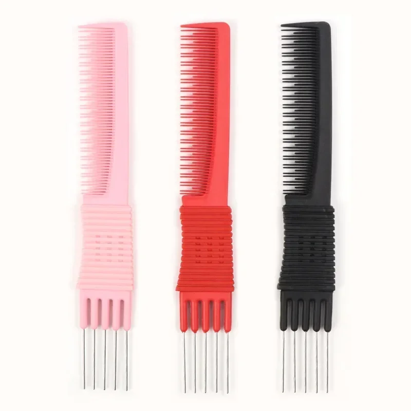 2 Head Carbon Lift Teasing Combs with Metal Prong,Black Carbon Comb with Stainless Steel Lift for Hair Salon Home Supplies