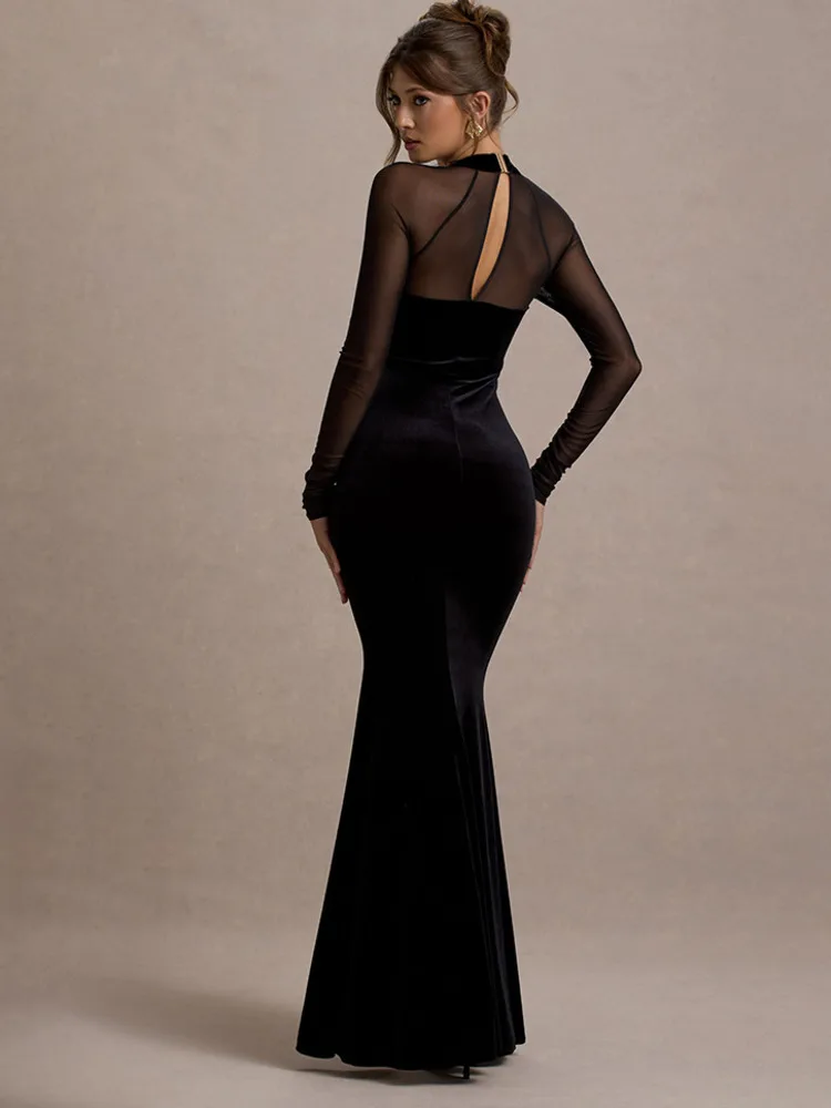 أنيقة شبكة المخملية المرقعة Bodycon فستان المرأة الجديدة عالية الشق مثير شاش شفاف Bodycon نادي الحفلات فستان سهرة #2