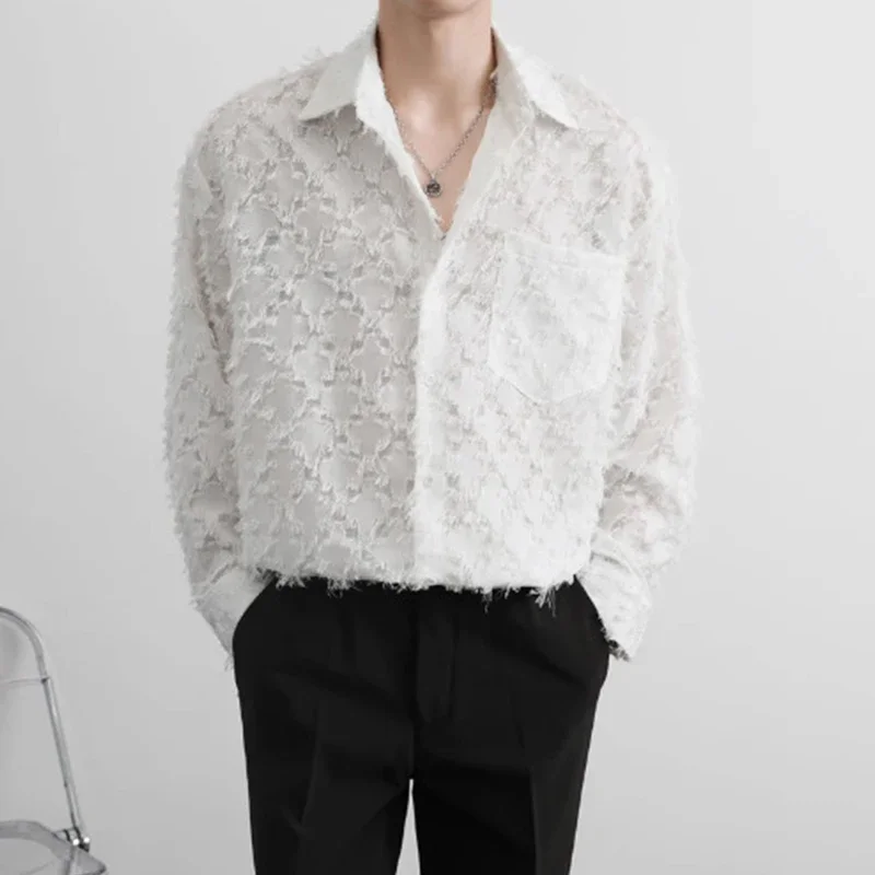 パーティーファッションタッセルデザインシャツメンズ 2025 春秋カジュアルボタン付きラペルシャツヴィンテージソリッドカラー男性カーディガントップス