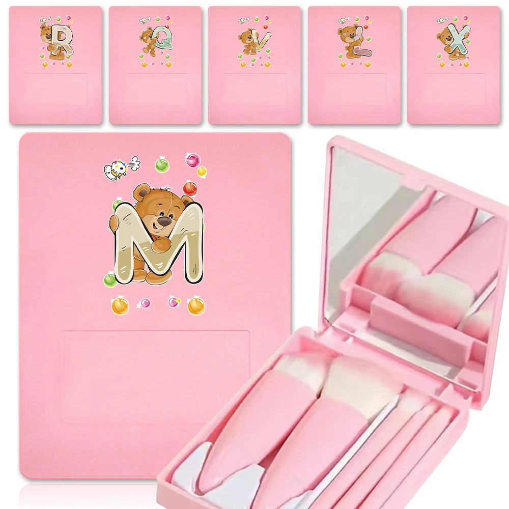 

Набор из 5 кистей для макияжа в дорогу с ярким зеркальным футляром, водонепроницаемый контейнер для хранения косметических кистей с рисунком медведя и букв