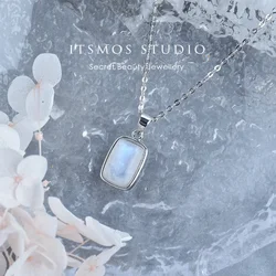 ITSMOS Natural Rainbow Moonstone Sterling Silver/Copper Pendant Necklace rectangle Energy Stone Jewelry for Women Girl Gift