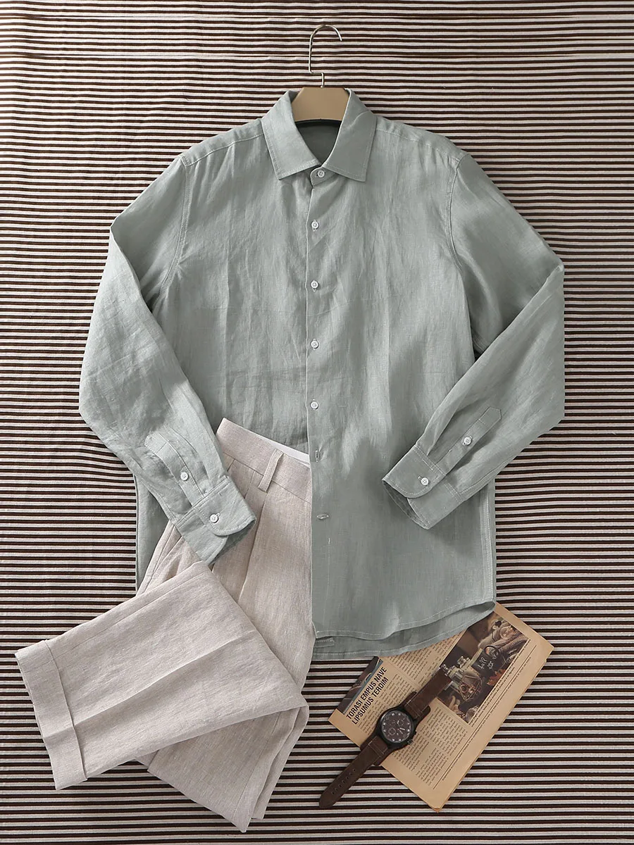 100% Linen Old Money Style Italian Windsor Collar Resort Shirt for Men, Light Green & Breathable