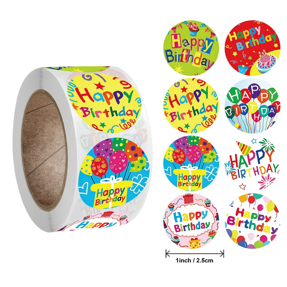 100-500pcs 8 Styles Happy Birthday Round Stickers Party Gift Packaging Seal Labels for Scrapbooking Cards Decoration