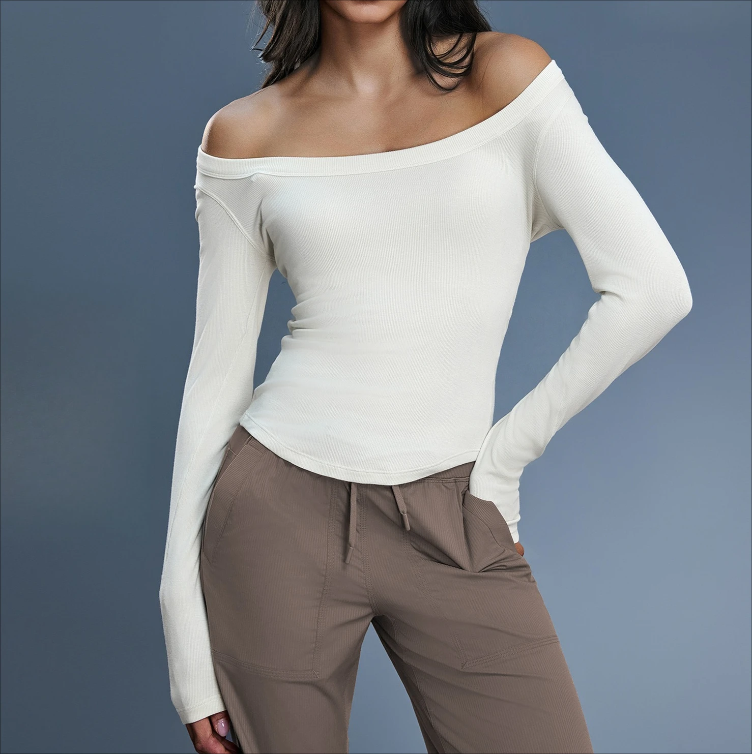 

Womens Modal Yoga Wear Long Sleeve Sexy Off Shoulder Sports Top Fashion Popular Pilates Fitness Apparel Bare Shoulder T Shirt