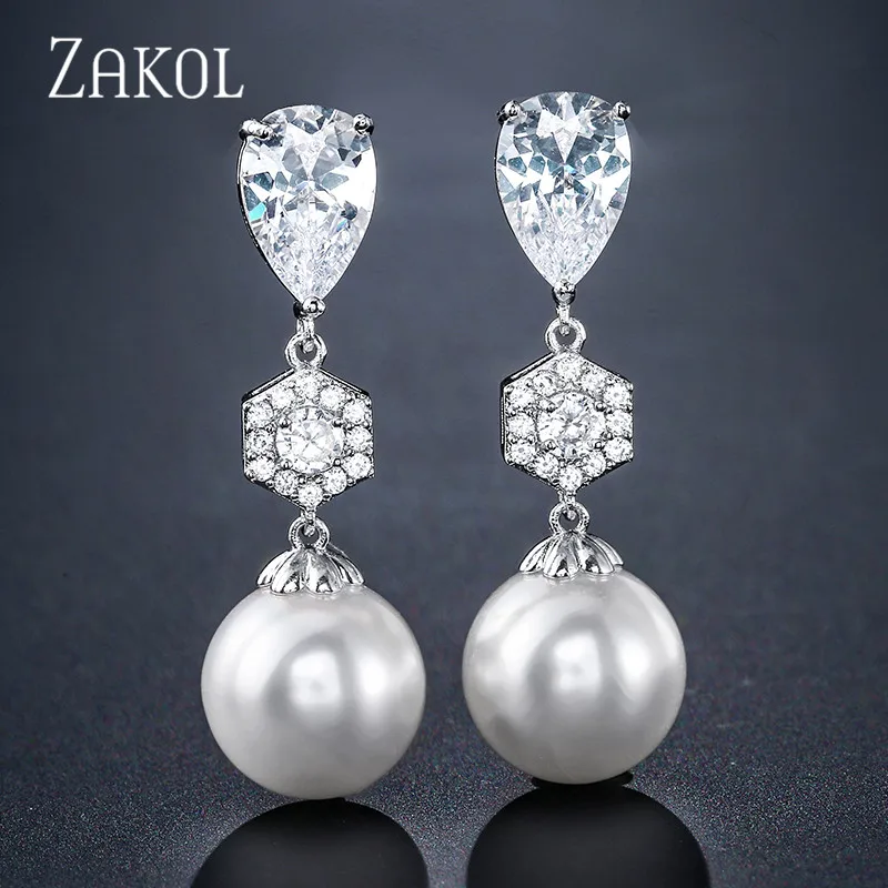 ZAKOL Exquisite Cubic Zirconia Artificial Pearl Simple Fashion Earrings for Women Wedding Dinner Birthday Gift Jewelry FSEP2389