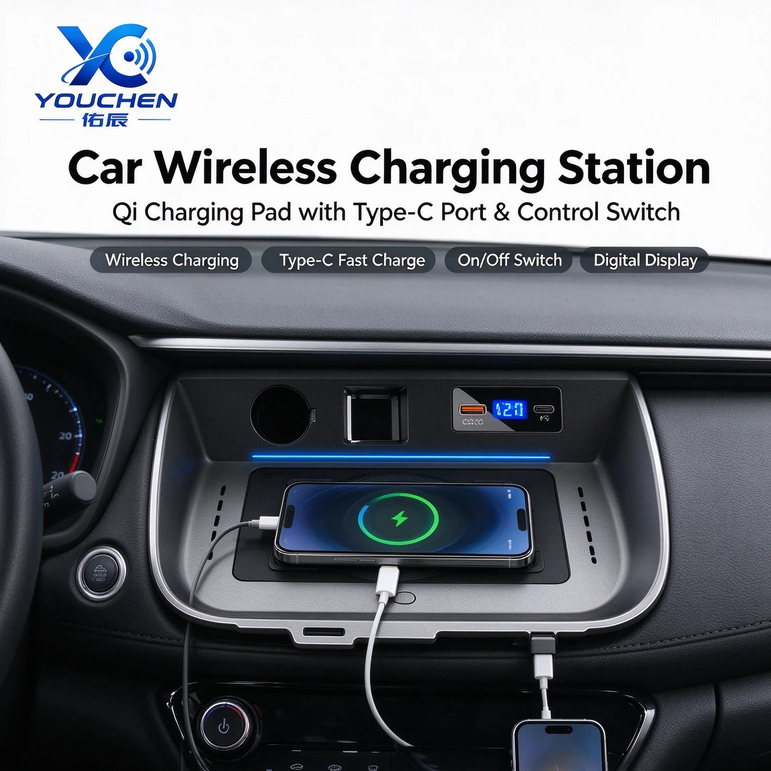 English: Car Wireless Charger for 20-23 RAV4, Fast Charging Station with Type-C Port, On Off Switch, Vehicle Phone Charging Pad