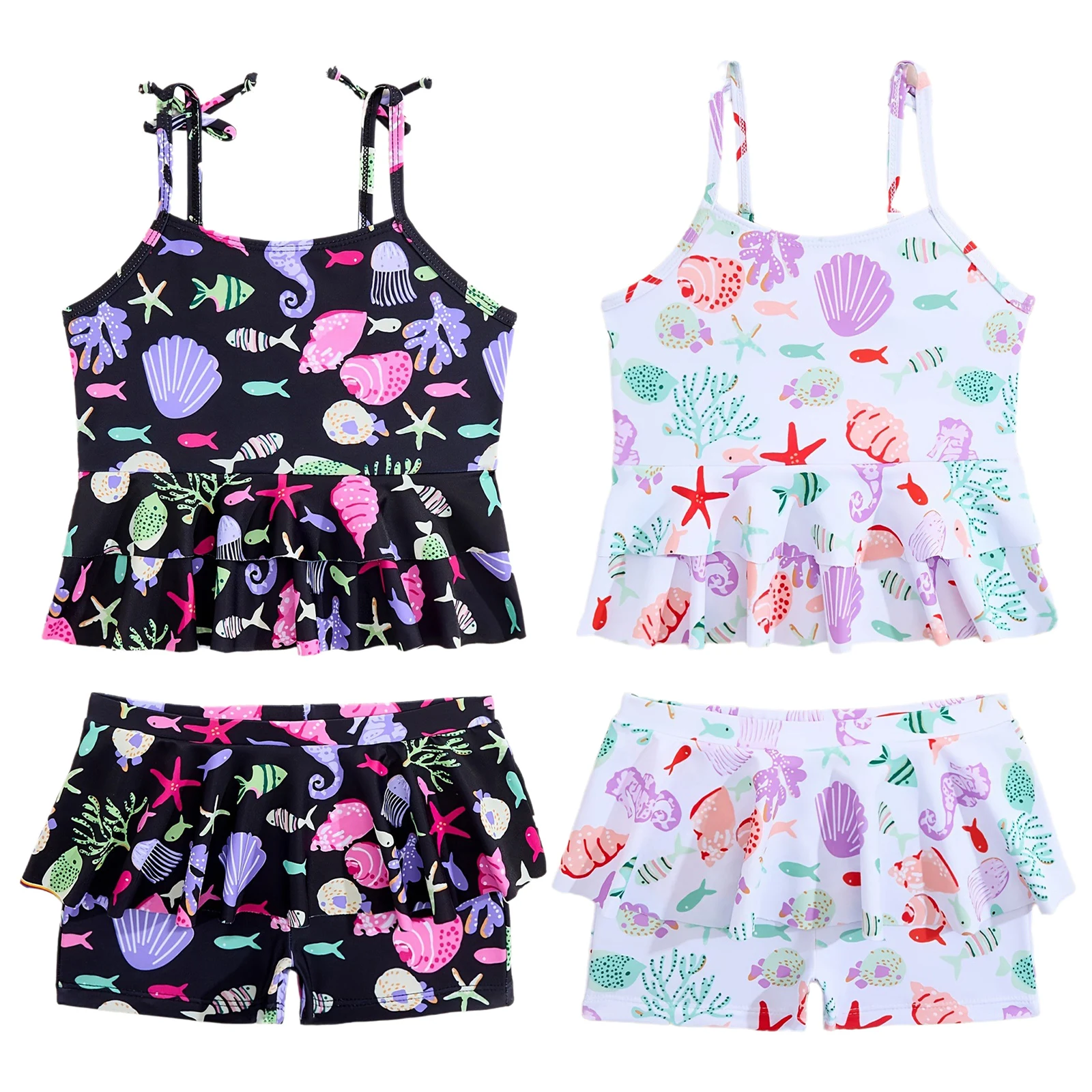 

Детские купальные комплекты для девочек, летние купальники из 2 предметов, купальные костюмы, регулируемые бретели, многоуровневый топ без рукавов с рюшами и шортами