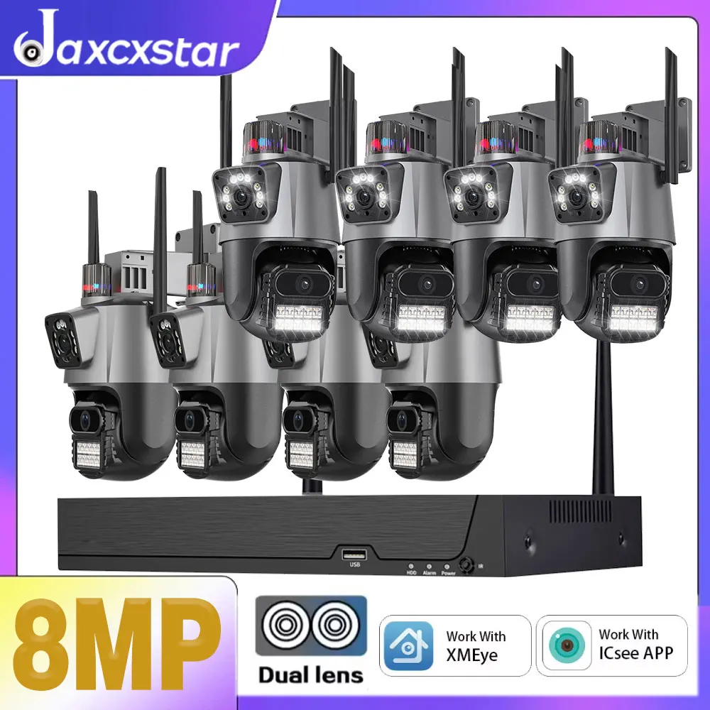 

Беспроводная система видеонаблюдения Icsee, комплект камер Wi-Fi, 8-мегапиксельные IP-камеры с двумя объективами, 8-канальный видеорегистратор 5 Мп, комплект для видеонаблюдения