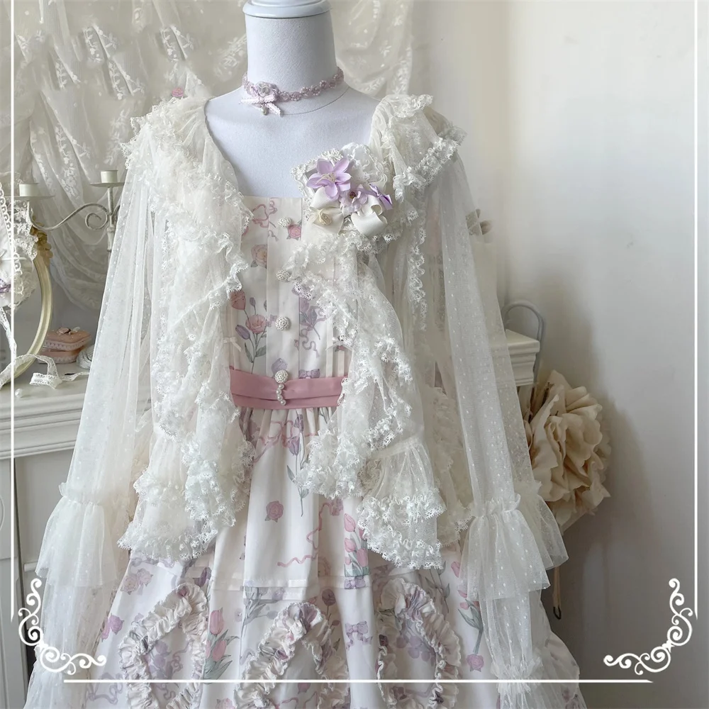 

Лолита, милый милый белый кардиган, рубашка, женская весенняя прозрачная кружевная сказочная топ с длинными рукавами и рюшами, кавайная блузка для девочек, шаль