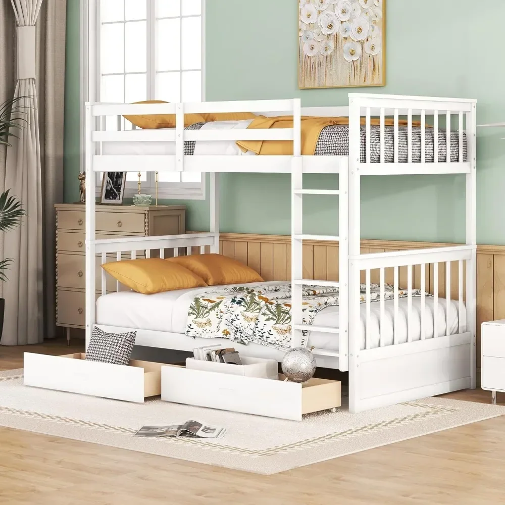 Wood Bunk Bed with Drawers,Convertible Wood Bunk Bed with Ladders and Two Storage Drawers,Twin Over Twin Size,White