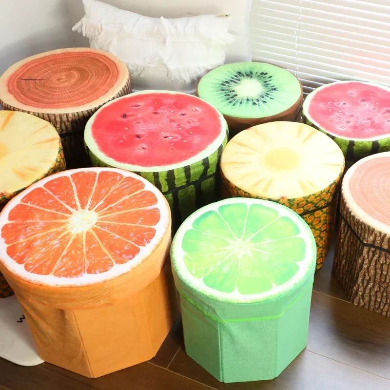 Folding Storage Organizer Ottoman Stool Cute 3D Fruit Velvet Children Toy Storage Box Footstool Seat Creative Fruits Pattern