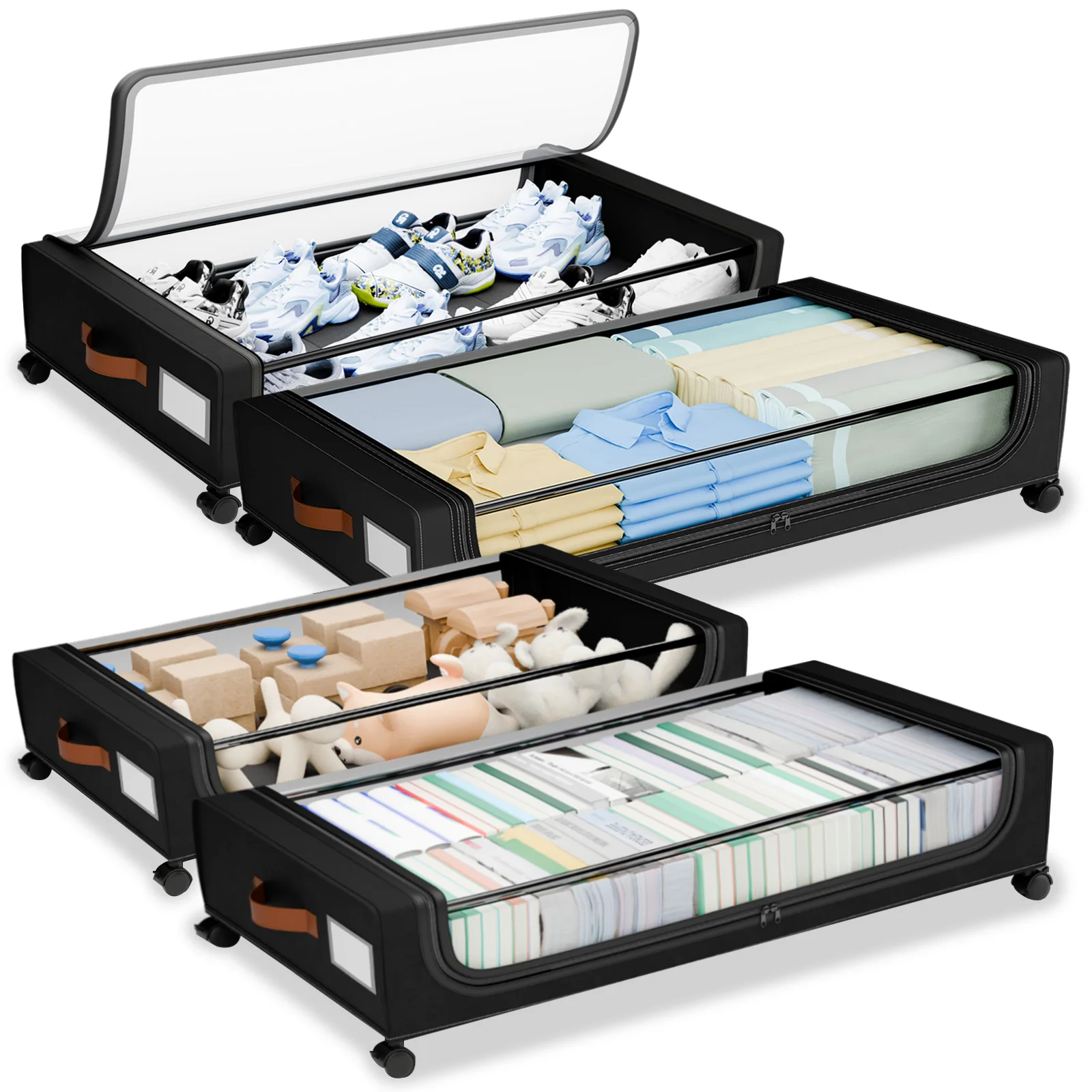 

Набор из 2/4 складных органайзеров для хранения под кроватью с колесиками, прозрачным окном, квадратной формы, для одежды, одеял, обуви, игрушек