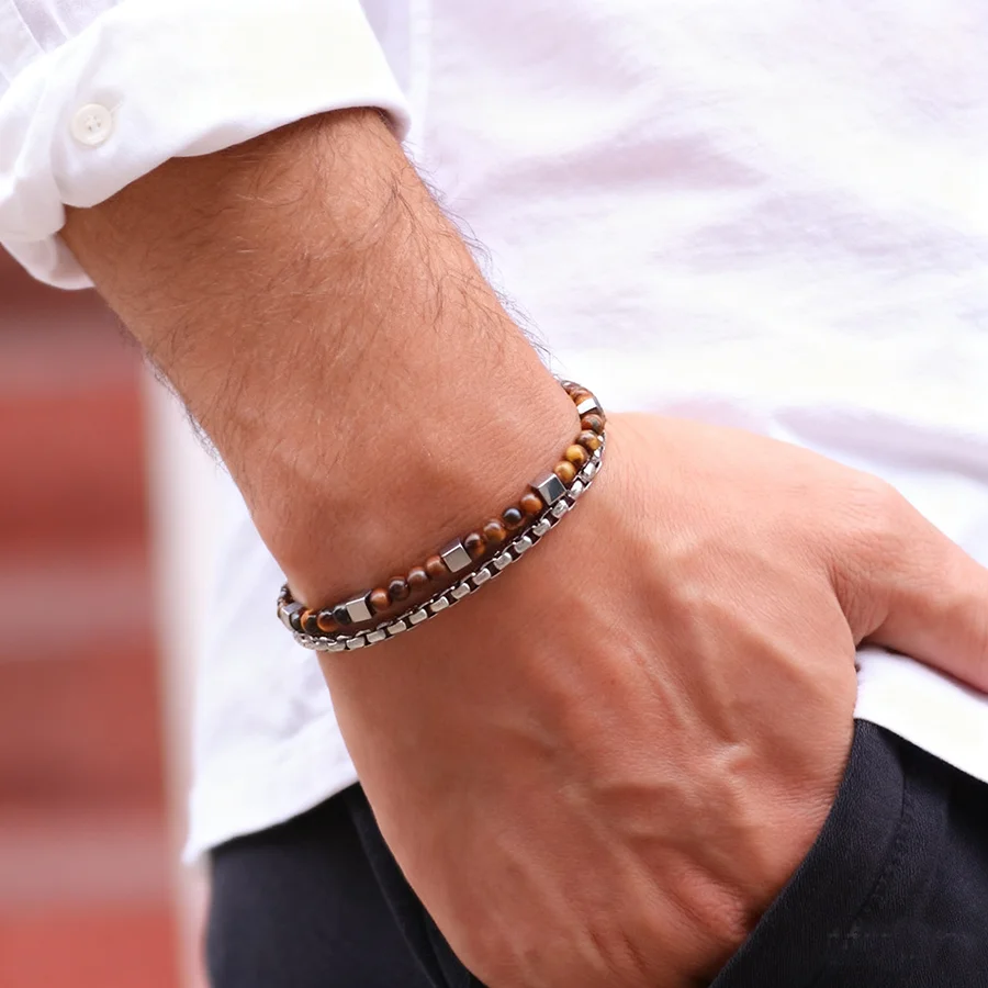 Stilvolles 2-teiliges Herren-Armband-Set, 4 mm, Edelstahl, kubanisches Kettenarmband, quadratisches Hämatit-Stein, Heilarmband, Fahrradzubehör – Detail 5