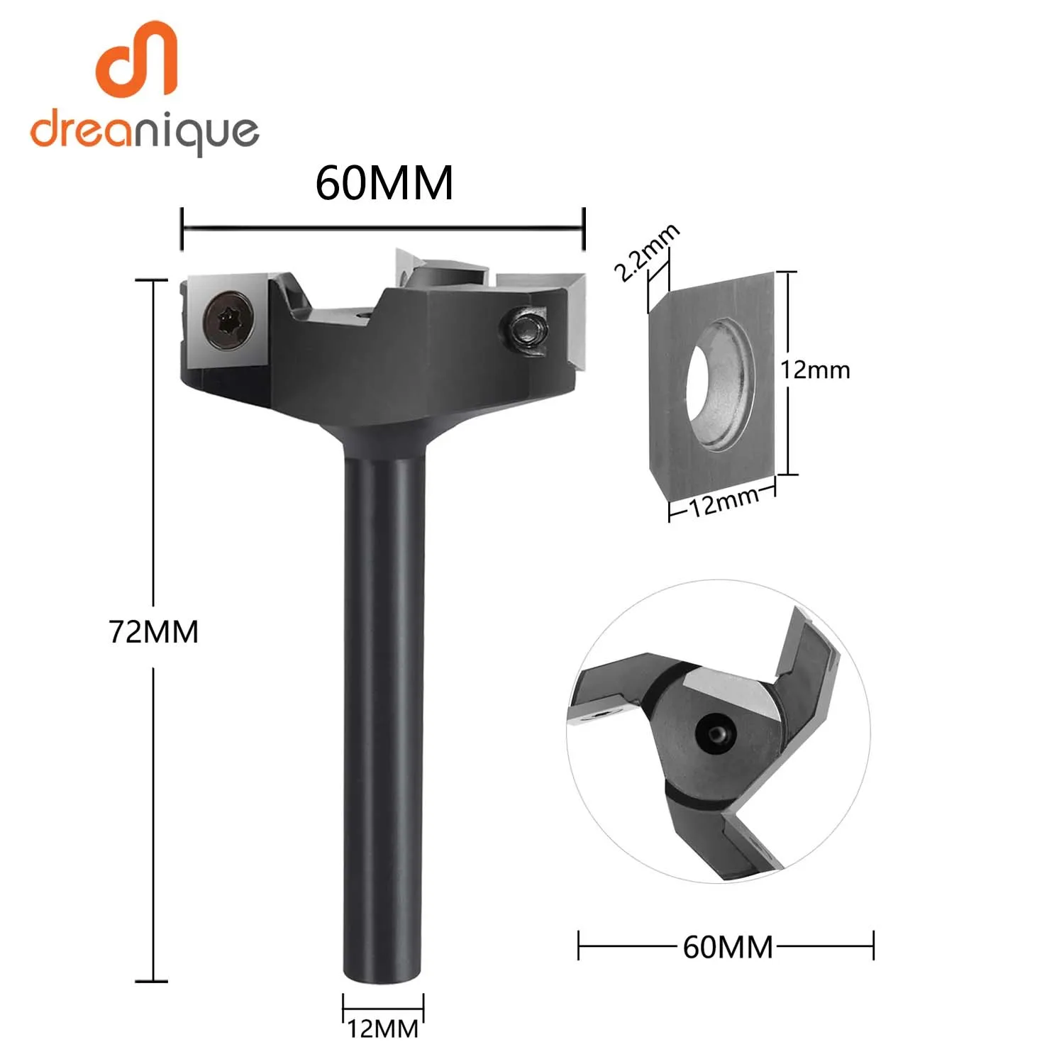 Dreanique 3 Flute Wood Planer Bit 35mm 60mm Cutting Diameter 8mm 12mm Shank Spoilboard Surfacing Router Bit Insert Carbide Slab