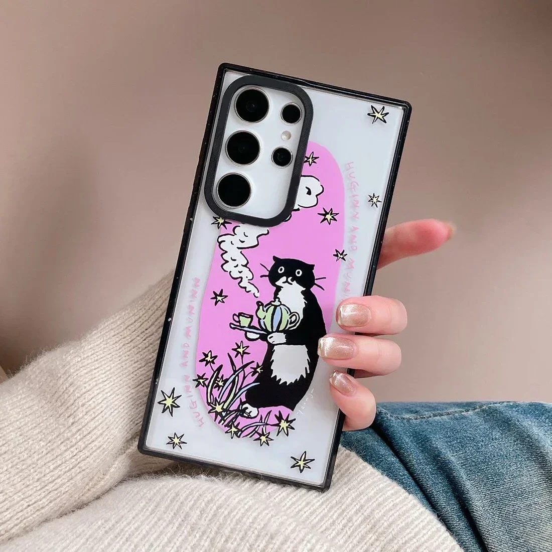 Cute Black Cat Acrylic Black Border Case for Samsung Galaxy S22 S23 S24 Ultra S22+ S23+ S24 Plus Cover Protective Case