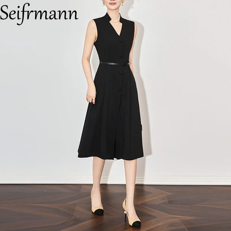 

Seifrmann Solid Sleeveless Slim Commuter Dress For Women V-Neck Lace-up High waist Elegant A-Line Dresses